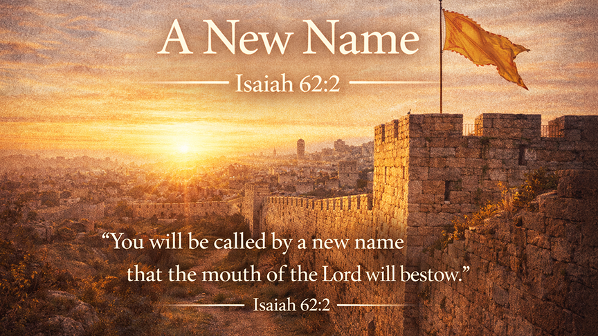 A New Name — A wide 16:9 photo-realistic image of a sunrise illuminating an ancient stone city wall with a new banner unfurling in the warm light. The image includes the title A New Name and the most pertinent text from Isaiah 62:2.