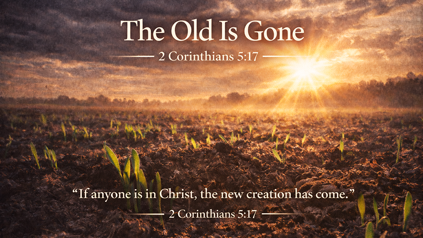 The Old Is Gone — A wide 16:9 photo-realistic image of early spring sunlight breaking through dark clouds over a field where new green shoots are emerging from the soil. The image includes the title The Old Is Gone and the most pertinent text from 2 Corinthians 5:17.