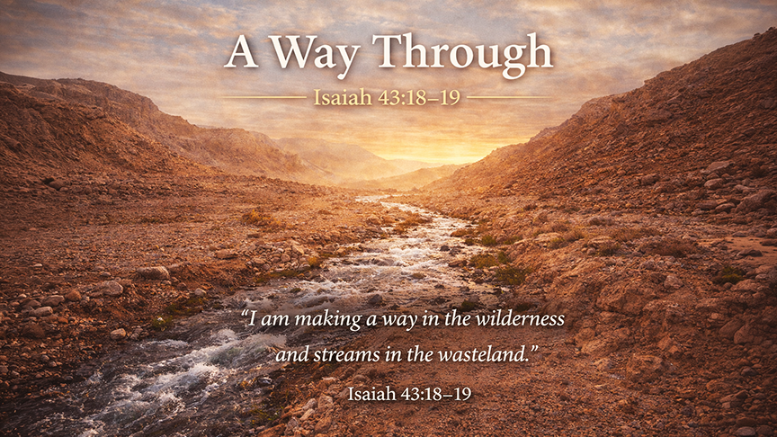 A Way Through A wide image of a dry wilderness landscape with a fresh stream cutting through it, reflecting Isaiah 43:18–19 and God making a new way.