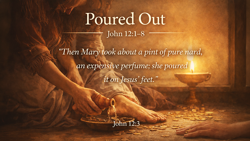 Poured Out — A wide 16:9 photo-realistic image of a woman pouring expensive perfume over Jesus’ feet in a softly lit room, with the fragrance filling the space. The image includes the title Poured Out