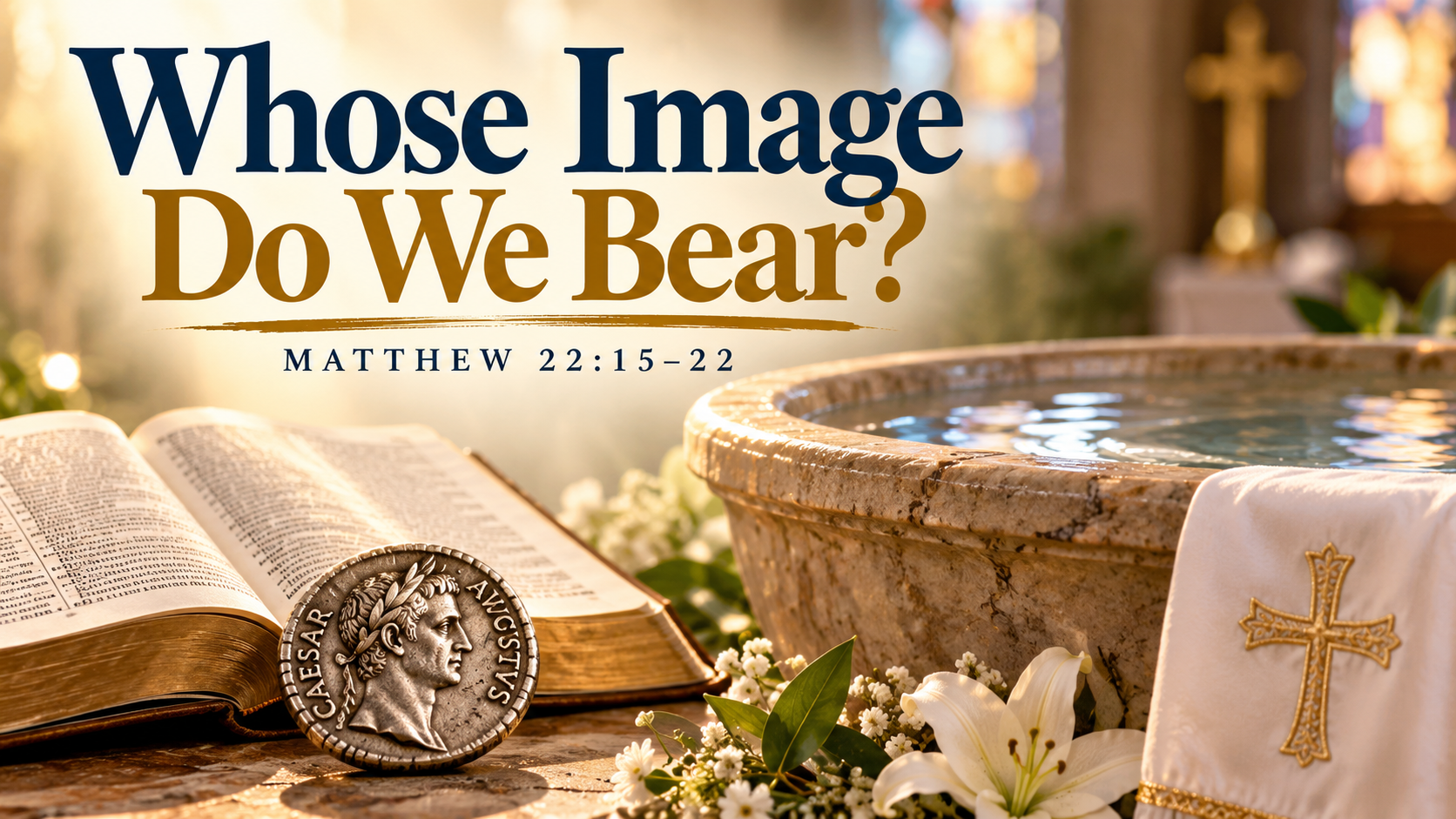 Whose Image Do We Bear? A Roman coin bearing Caesar's image rests beside an open Bible, illustrating Matthew 22:15&ndash;22 and our ultimate loyalty to God.