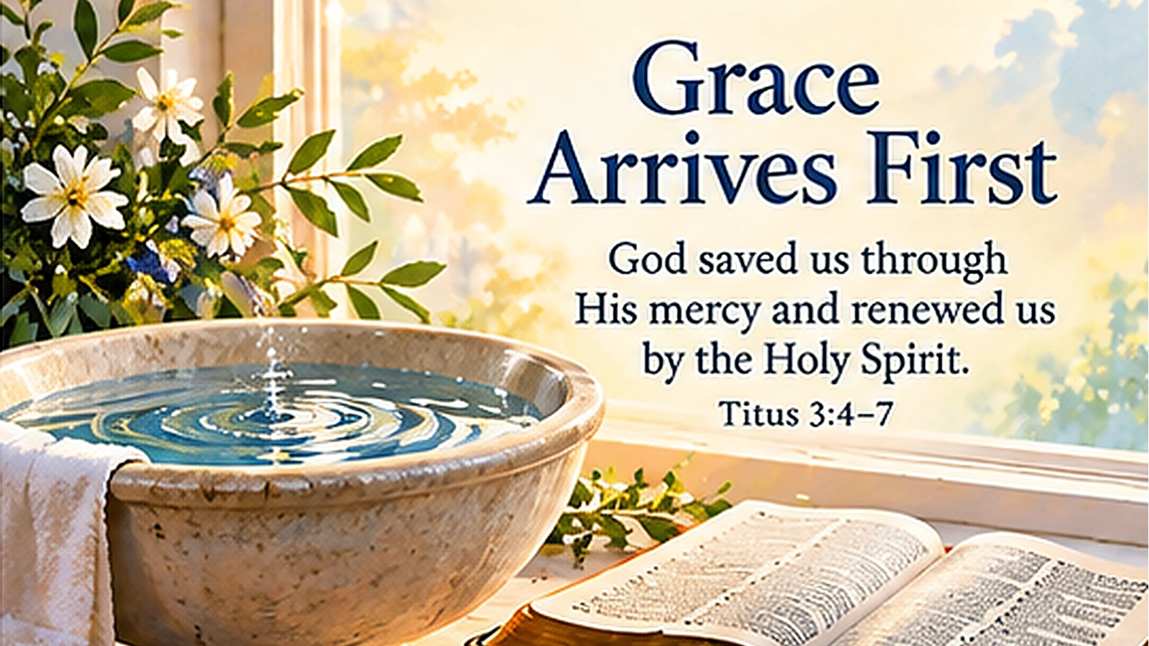 Wide 16:9 soft watercolor scene of a simple white baptismal bowl filled with clear water beside an open Bible, illuminated by gentle morning sunlight. Small ripples suggest God's grace quietly reaching into a life. No people or church logo. Visible title: "Grace Arrives First." Visible Scripture paraphrase: "God saved us through His mercy and renewed us by the Holy Spirit." Include "Titus 3:4&ndash;7." Use soft ivory, pale blue, and warm golden tones.