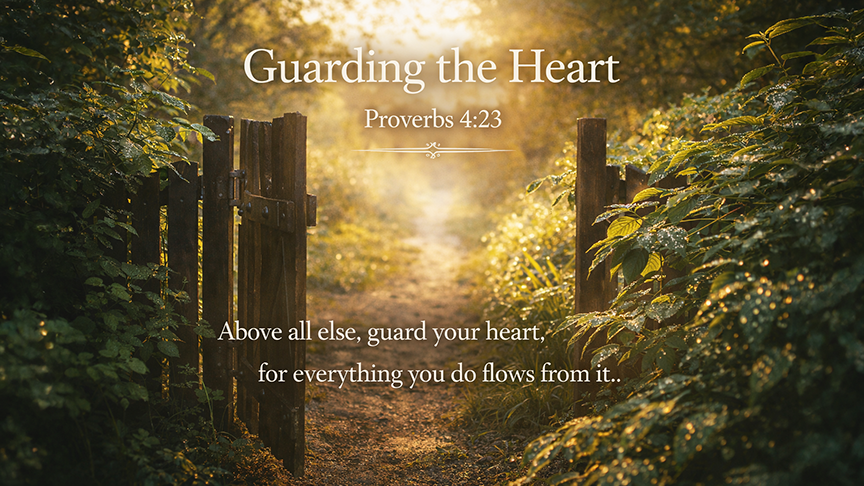 Guarding the Heart, A wide 16:9 photo-realistic image of a small garden gate slightly ajar with morning light shining through, dew on leaves, and a peaceful path beyond, symbolizing careful protection of the inner life.