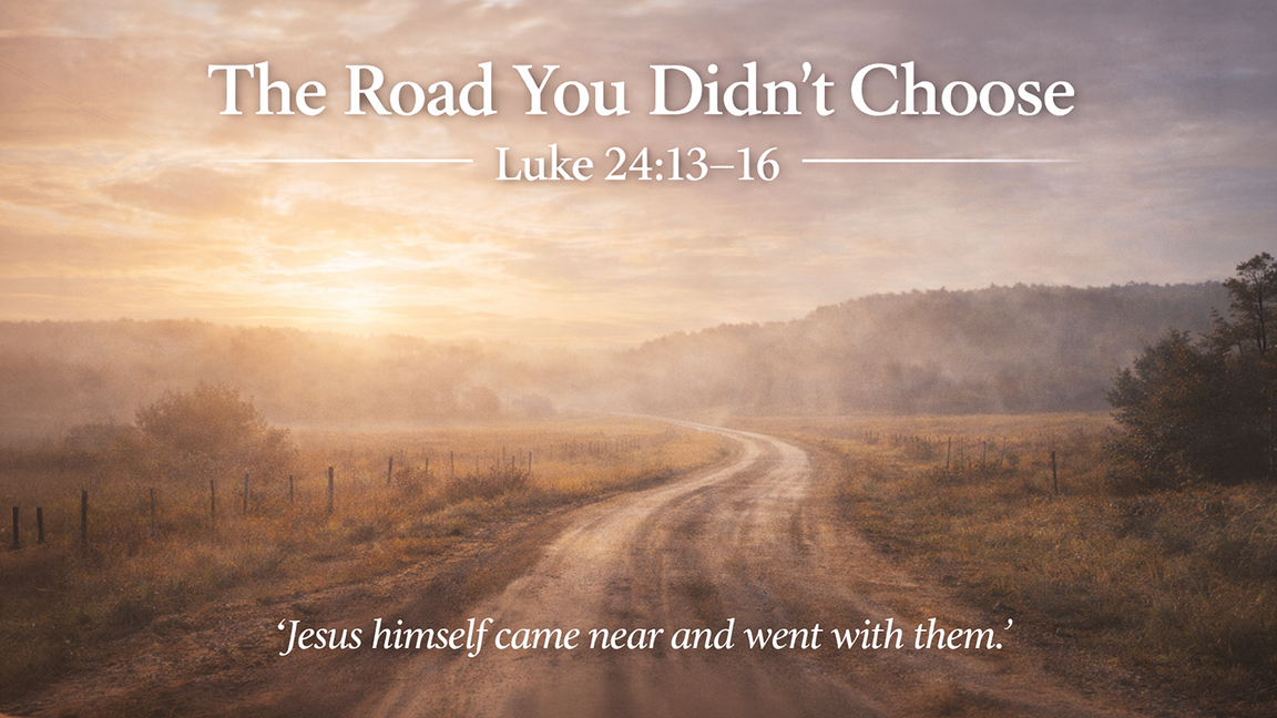 The Road You Didn’t Choose, a wide 16:9 photo-realistic image of a winding dirt road stretching through open countryside under soft morning light, symbolizing an unwanted journey made holy by Christ’s unseen presence. 