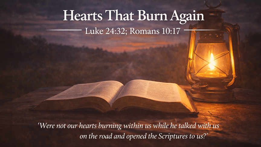 Hearts That Burn Again, a wide 16:9 photo-realistic image of an open Bible on a table beside a glowing lantern at dusk, with warm light spreading into the surrounding darkness, symbolizing faith rekindled by God’s Word. 