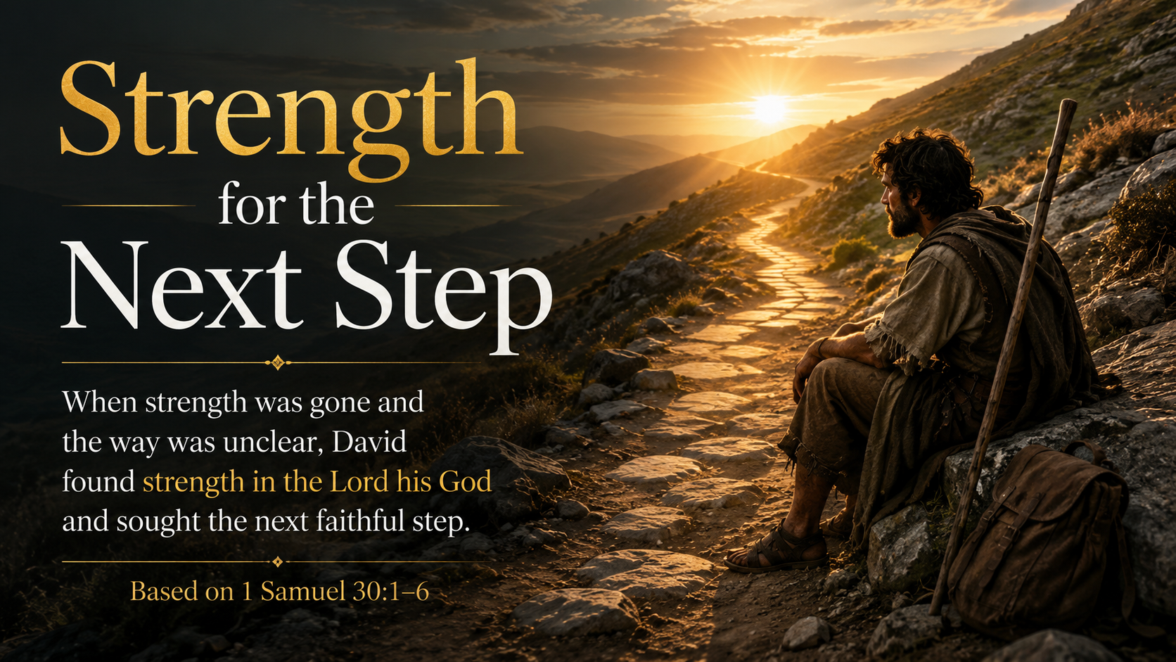 Strength for the Next Step, a wide 16:9 photo-realistic image of a weary traveler resting on a stone beside a steep trail at sunrise. Light falls across the next section of the path. The image includes the title Strength for the Next Step and the paraphrase, “God gives strength for what comes next.”