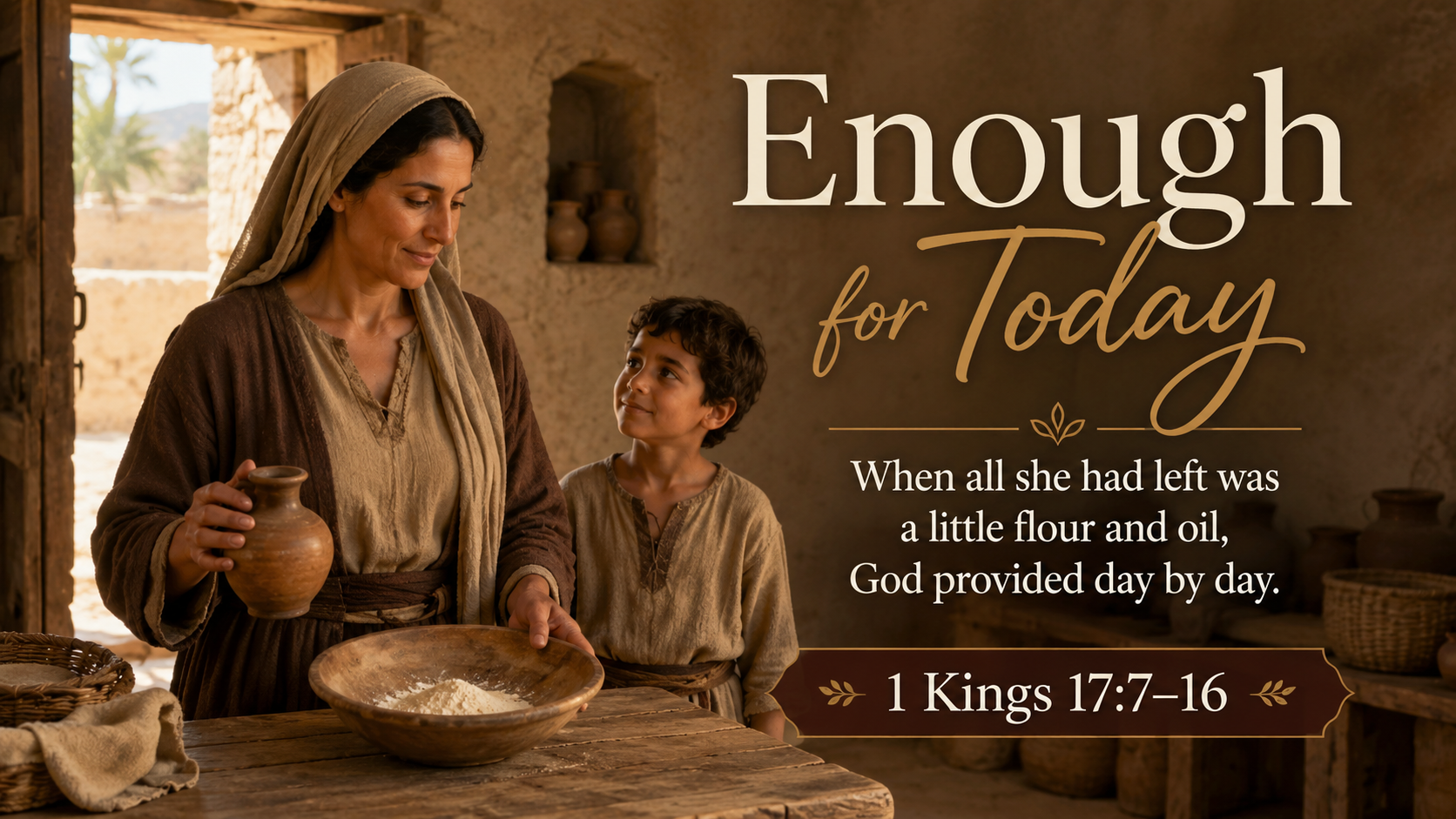 Enough for Today. A wide 16:9 photo-realistic image of the widow of Zarephath standing inside a simple ancient home, holding a small clay jar of oil beside a nearly empty bowl of flour. Her young son stands nearby as warm morning light enters through the doorway. The image includes the title Enough for Today and a paraphrase of 1 Kings 17:7&ndash;16.