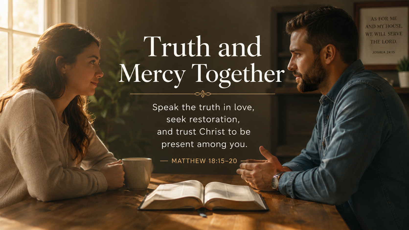 Truth and Mercy Together. A wide 16:9 photo-realistic image of two people seated across from one another in quiet conversation, with an open Bible between them and warm light falling across the table. The image includes the title Truth and Mercy Together and a paraphrase of Matthew 18:15–20.