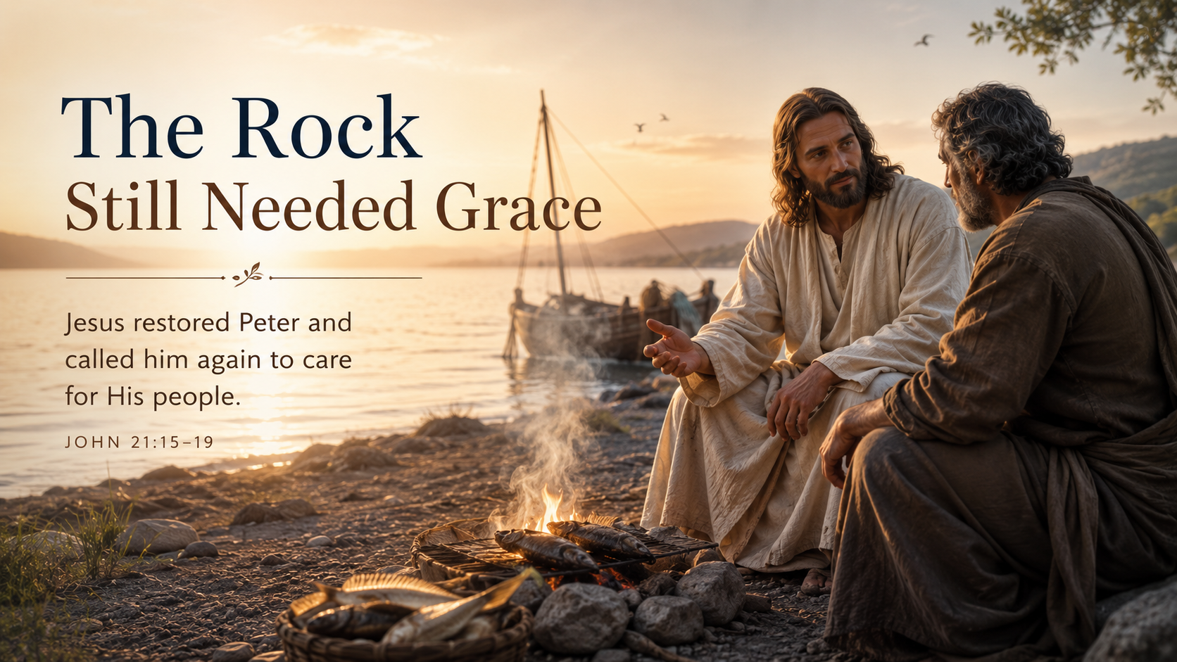 The Rock Still Needed Grace. A wide 16:9 photo-realistic image of Peter and the risen Jesus beside a quiet Galilean shore at sunrise, with a small charcoal fire nearby. The image includes the title The Rock Still Needed Grace and a paraphrase of John 21:15–19.