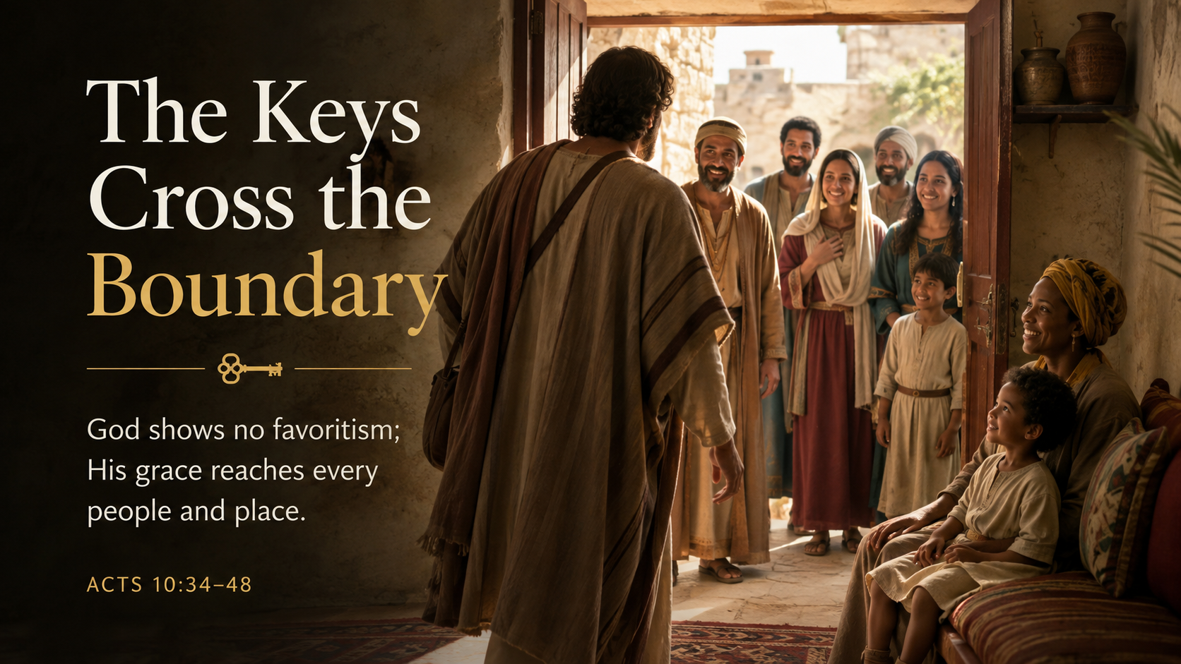 The Keys Cross the Boundary. A wide 16:9 photo-realistic image of Peter entering the open doorway of Cornelius’ home, where a diverse household waits to hear him. Warm light fills the doorway. The image includes the title The Keys Cross the Boundary and a paraphrase of Acts 10:34–48.