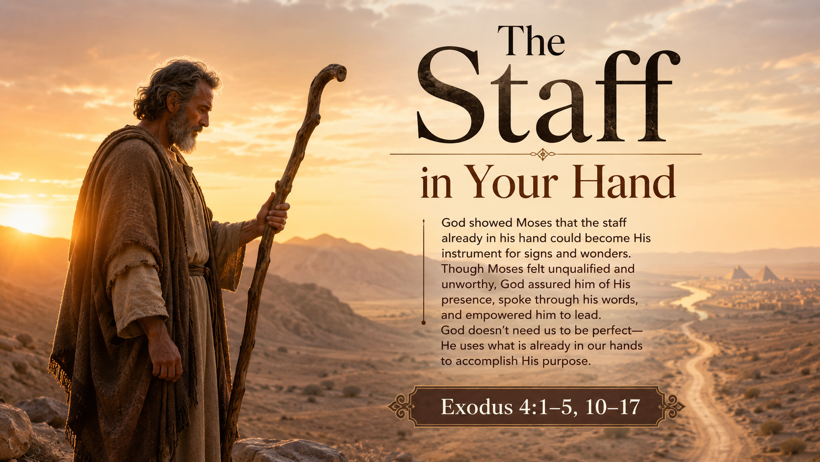 The Staff in Your Hand. A wide 16:9 photo-realistic image of Moses standing in a quiet desert at sunrise, looking at the weathered shepherd&rsquo;s staff in his hand. Distant mountains and a faint path toward Egypt appear beyond him. The image includes the title The Staff in Your Hand and a paraphrase of Exodus 4:1&ndash;5, 10&ndash;17.