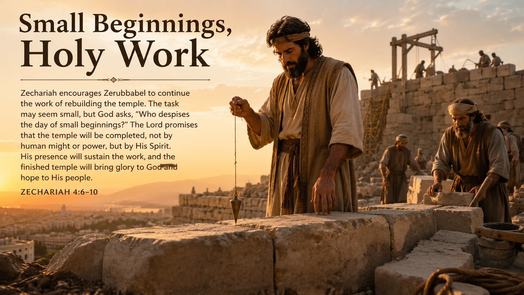 Small Beginnings, Holy Work. A wide 16:9 photo-realistic image of workers laying the first stones of the rebuilt Jerusalem temple at sunrise. A plumb line rests in Zerubbabel’s hand as warm light falls across the unfinished foundation. The image includes the title Small Beginnings, Holy Work and a paraphrase of Zechariah 4:6–10.
