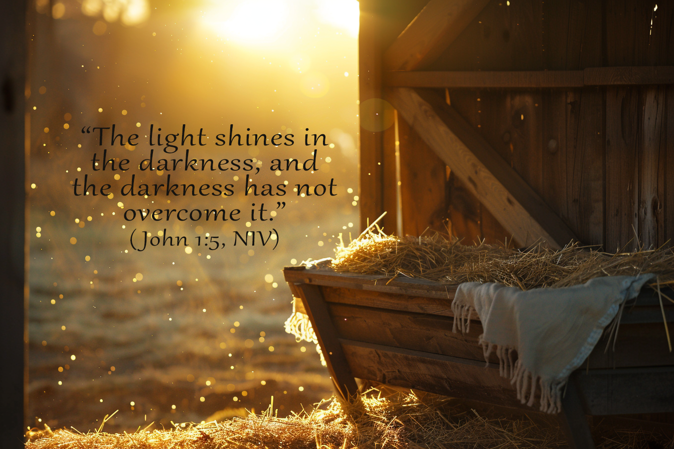 Golden light shining through stable door representing God Dwells Among Us—Christmas Day joy of incarnation from John 1:1–14.