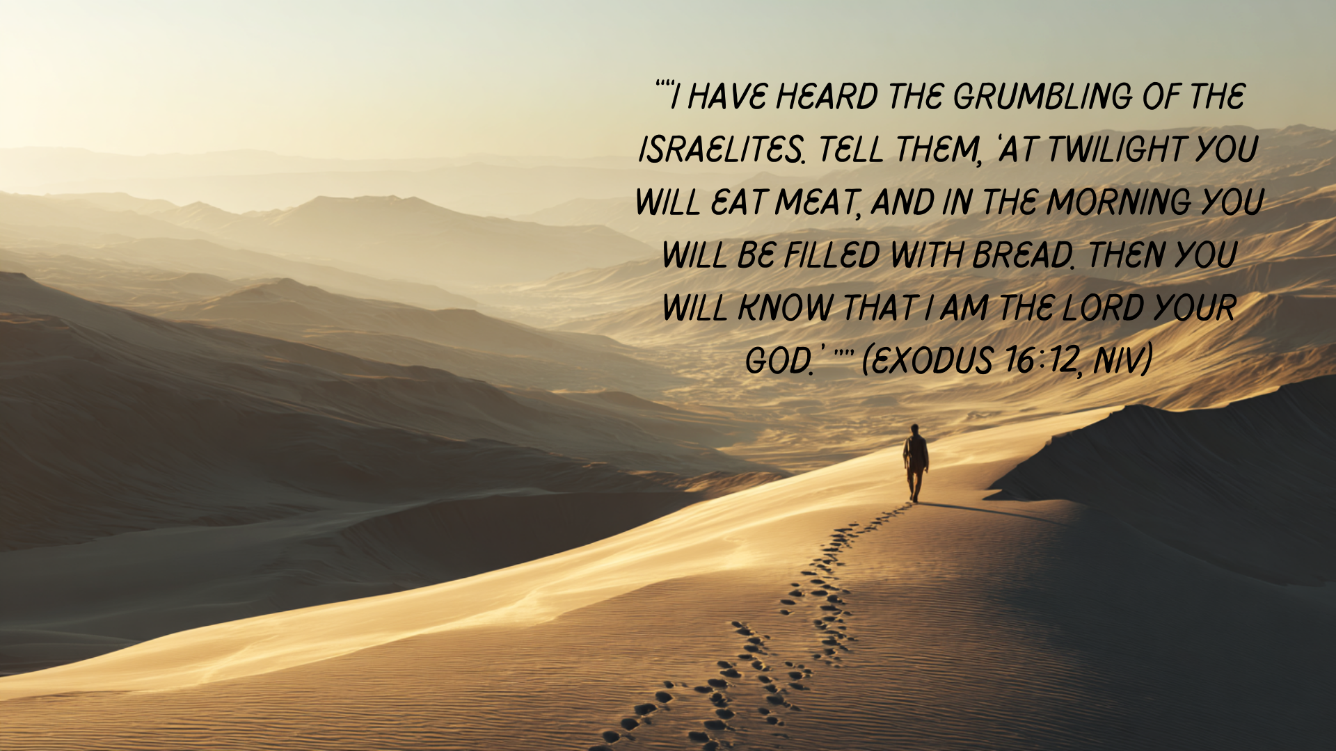 A lone figure walks across sunlit desert dunes at dawn, footprints trailing behind, with soft golden light over rolling hills. The image includes the scripture text from Exodus 16:12 (NIV), reflecting God&rsquo;s provision of bread and meat in the wilderness and His faithful presence during seasons of wandering and trust.