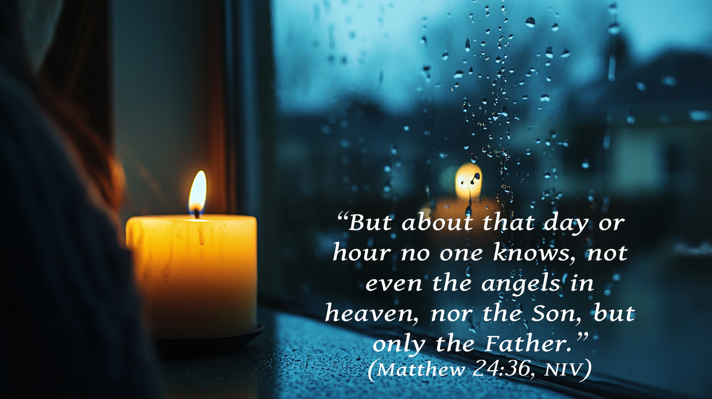 Candlelit window scene symbolizing Advent watchfulness in Matthew 24:36–44—living awake to God’s presence and hope in the darkness.