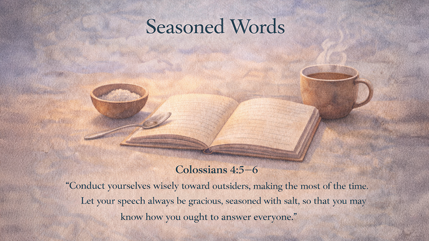 Seasoned Words — A wide 16:9 watercolor illustration of a simple table setting with a small bowl of salt beside an open journal and a warm cup of tea. Soft light suggests calm and attentiveness. The image includes the title Seasoned Words and the full scripture text of Colossians 4:5–6, emphasizing gracious speech and wise presence.