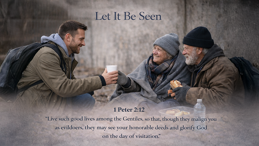 Let It Be Seen — A wide 16:9 watercolor illustration of a person walking a quiet path through a neighborhood at early morning light, homes gently illuminated as the day begins. The image includes the title Let It Be Seen and the full scripture text of 1 Peter 2:12, symbolizing faith revealed through consistent, everyday living.