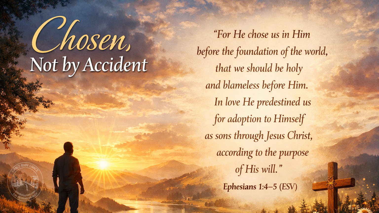 A wide devotional image showing a weary man kneeling on rocky ground with his hands clasped in prayer, as a gentle hand rests on his shoulder and warm light breaks through the clouds. The scene reflects comfort and trust in God during moments of doubt and includes the full scripture from Mark 9:23–24 with the title “Held When We Doubt.”