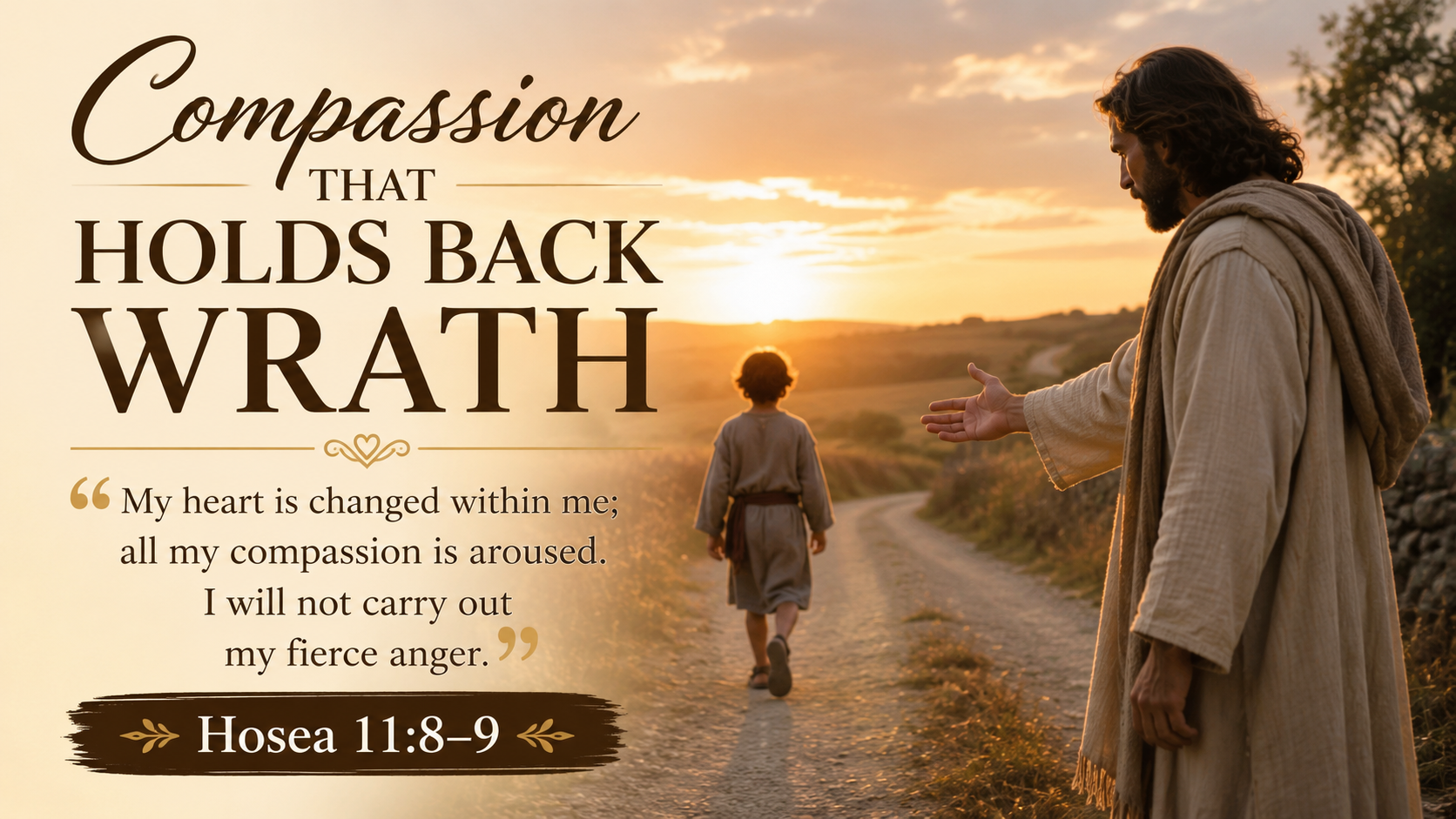 Compassion That Holds Back Wrath: A wide 16:9 photo-realistic image of a father gently reaching toward a child walking away on a country road at sunset, with warm light surrounding them. The image includes the title Compassion That Holds Back Wrath and a paraphrase of Hosea 11:8&ndash;9.