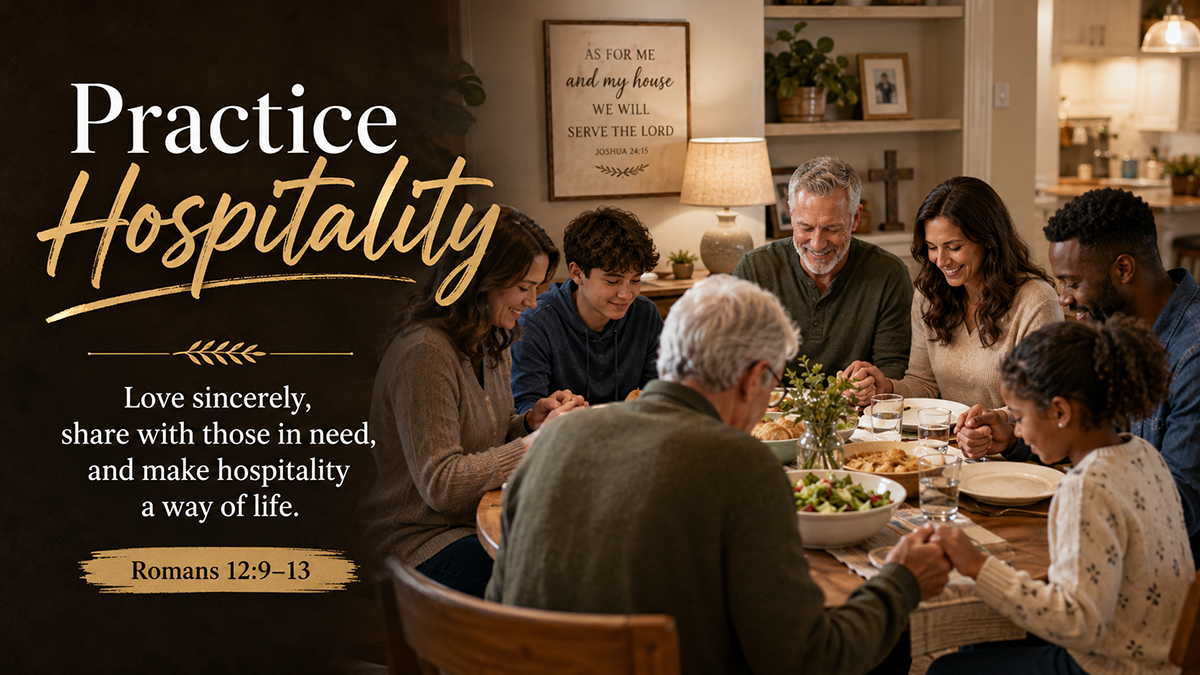 Practice Hospitality: A wide 16:9 photo-realistic image of a modern family and church friends gathered around a simple table, sharing food, laughter, and prayer in a warm home. The image includes the title Practice Hospitality and a paraphrase of Romans 12:9–13.