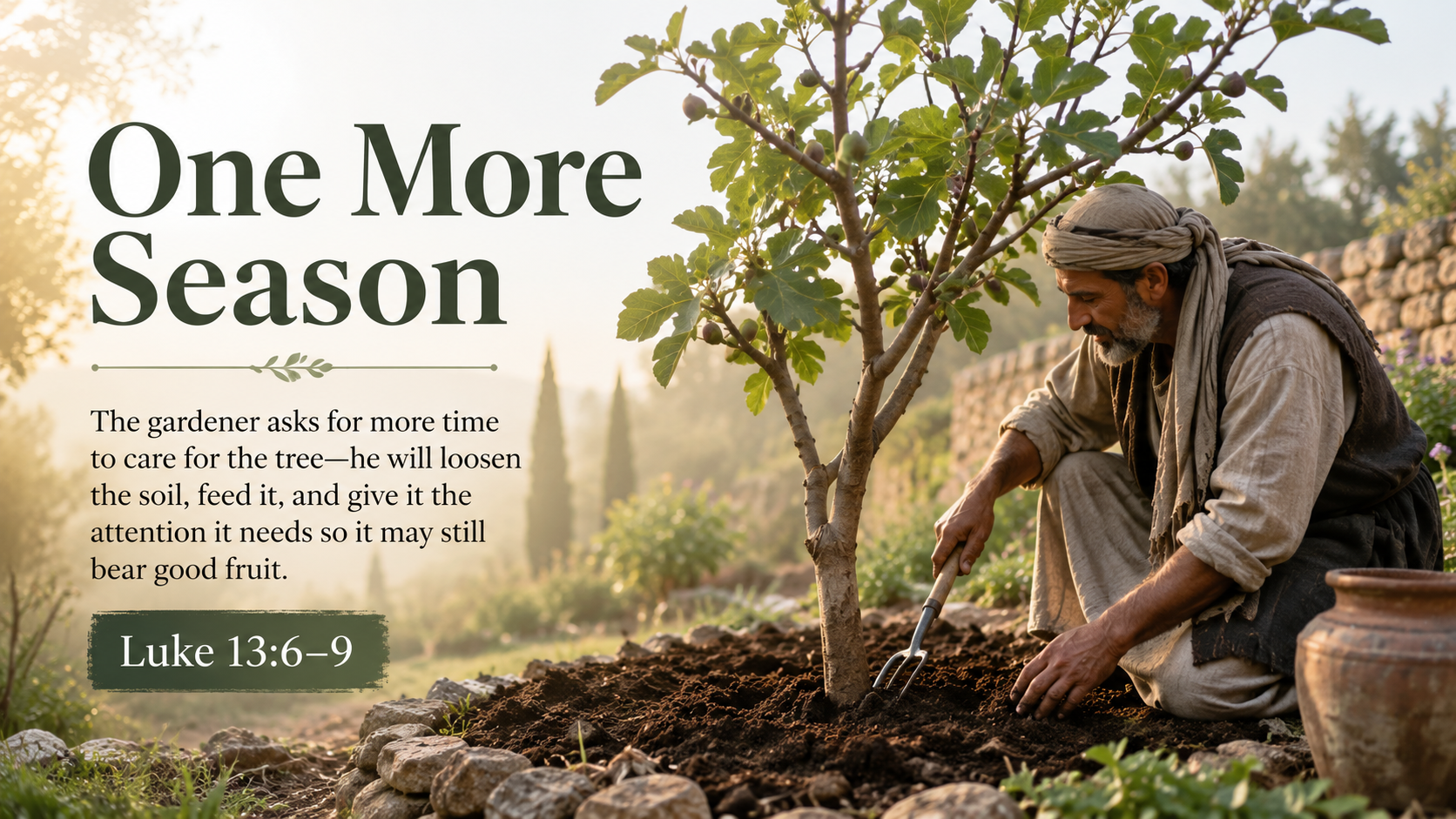 One More Season: A wide 16:9 photo-realistic image of a gardener kneeling beside a small fig tree, loosening the soil around its roots in soft morning light. The image includes the title One More Season and a paraphrase of Luke 13:6&ndash;9.