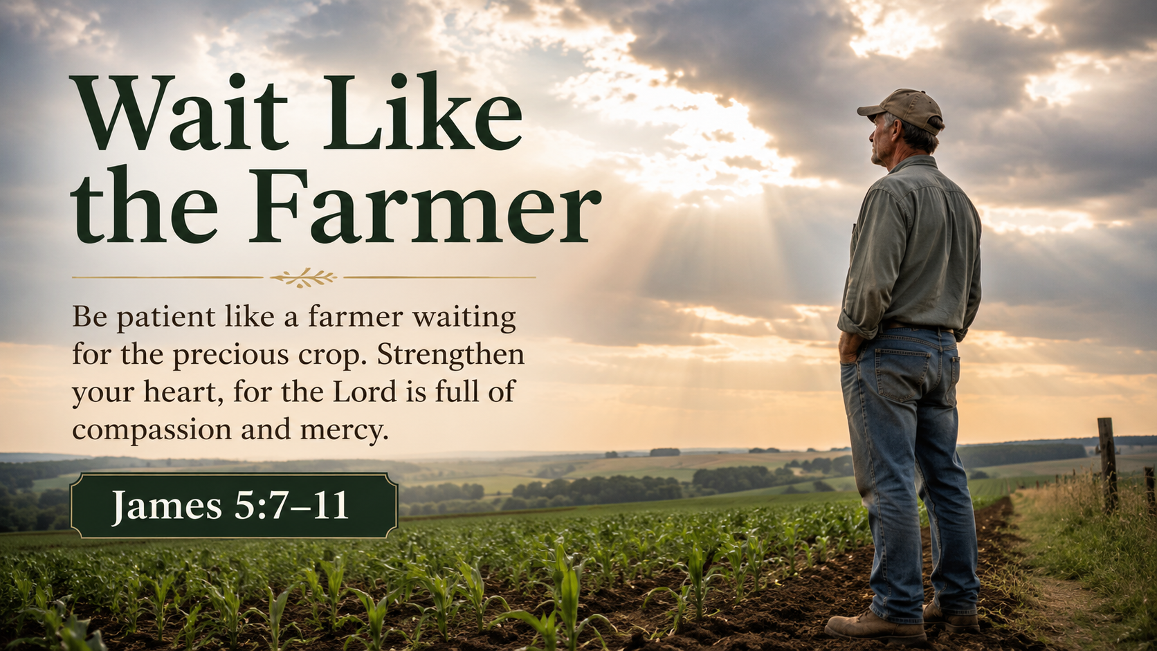 Wait Like the Farmer: A wide 16:9 photo-realistic image of a farmer standing beside a growing field under a cloudy sky, watching for rain with quiet hope. The image includes the title Wait Like the Farmer and a paraphrase of James 5:7&ndash;11.