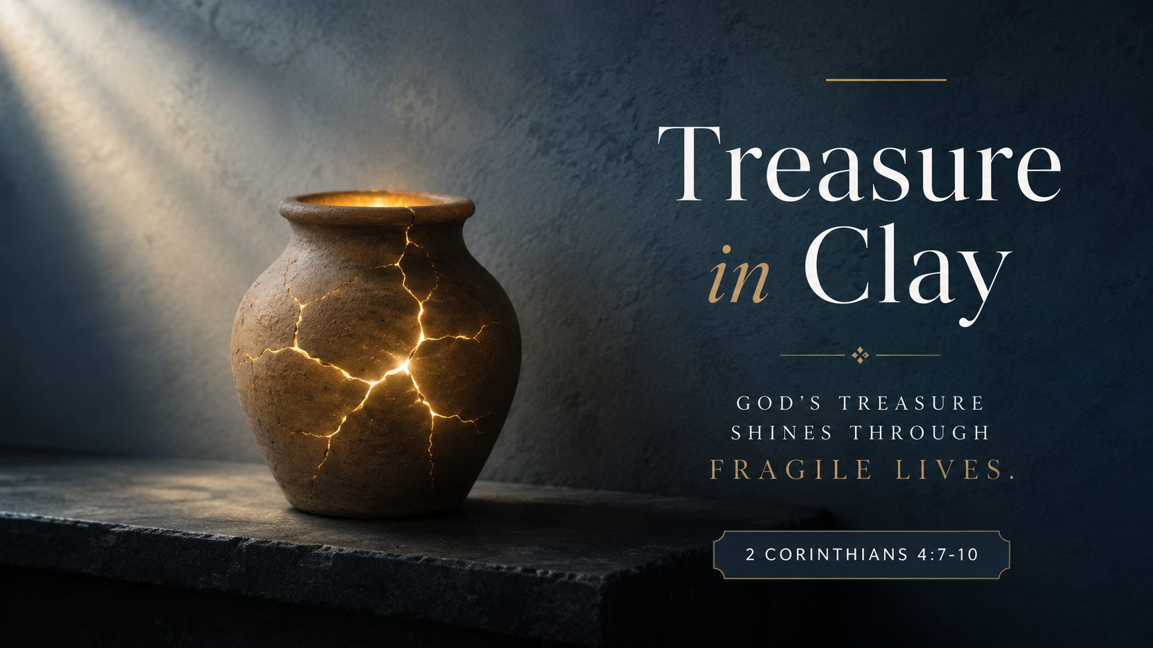 Treasure in Clay: A wide 16:9 photo-realistic image of a simple clay jar with warm golden light shining through small cracks, resting on a wooden table. The image includes the title Treasure in Clay and a paraphrase of 2 Corinthians 4:7&ndash;10.