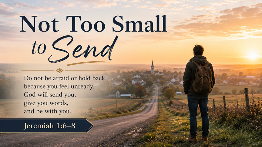Not Too Small to Send, a wide 16:9 photo-realistic image of a person standing at the edge of a quiet rural road at sunrise, looking toward a town in the distance, symbolizing God calling someone forward despite uncertainty. The image includes the title Not Too Small to Send and a paraphrase of Jeremiah 1:6–8.
