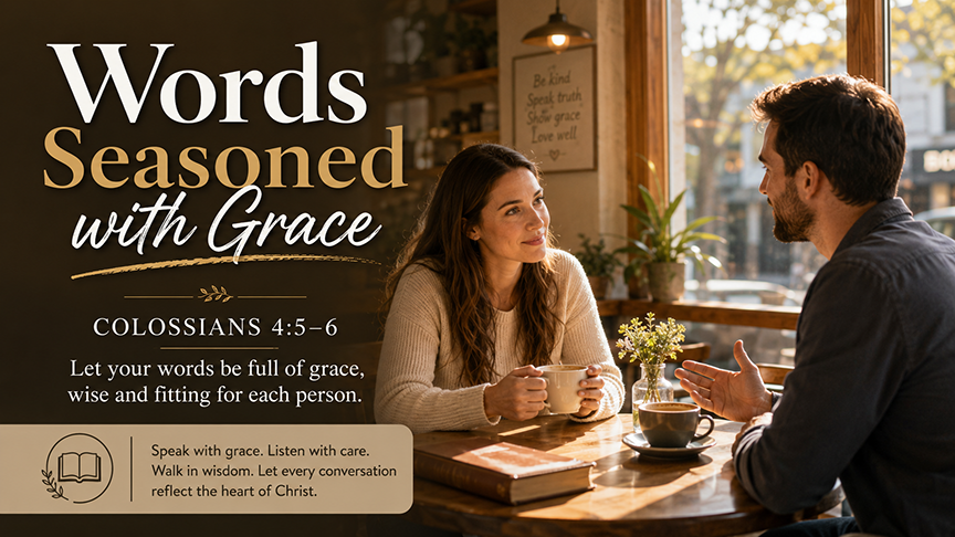 Words Seasoned with Grace, a wide 16:9 photo-realistic image of two people sitting at a small coffee shop table in warm light, speaking with calm attention and kindness, symbolizing gracious conversation. The image includes the title Words Seasoned with Grace and a paraphrase of Colossians 4:5–6.