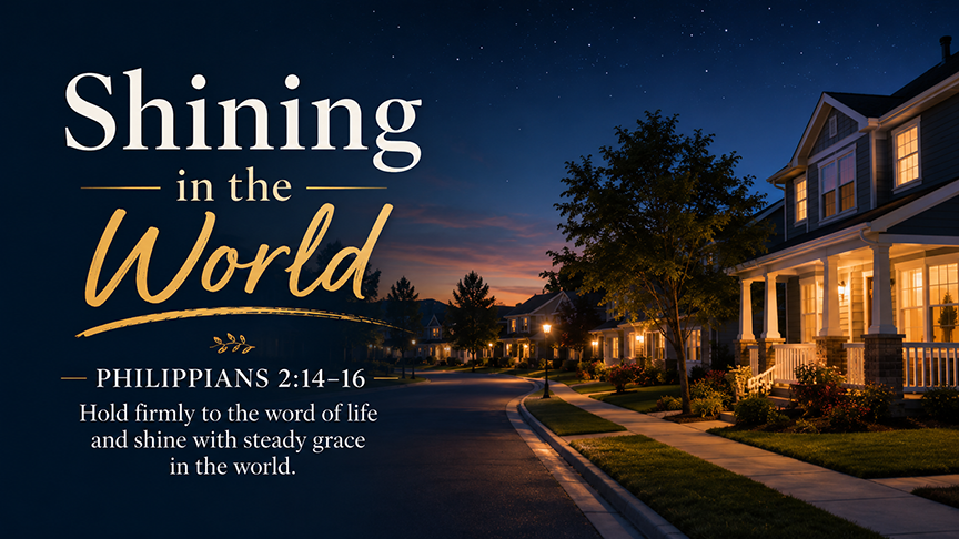 Shining in the World, a wide 16:9 photo-realistic image of a modern neighborhood at twilight with warm porch lights glowing along the street and stars beginning to appear overhead, symbolizing believers shining with steady grace. The image includes the title Shining in the World and a paraphrase of Philippians 2:14–16.
