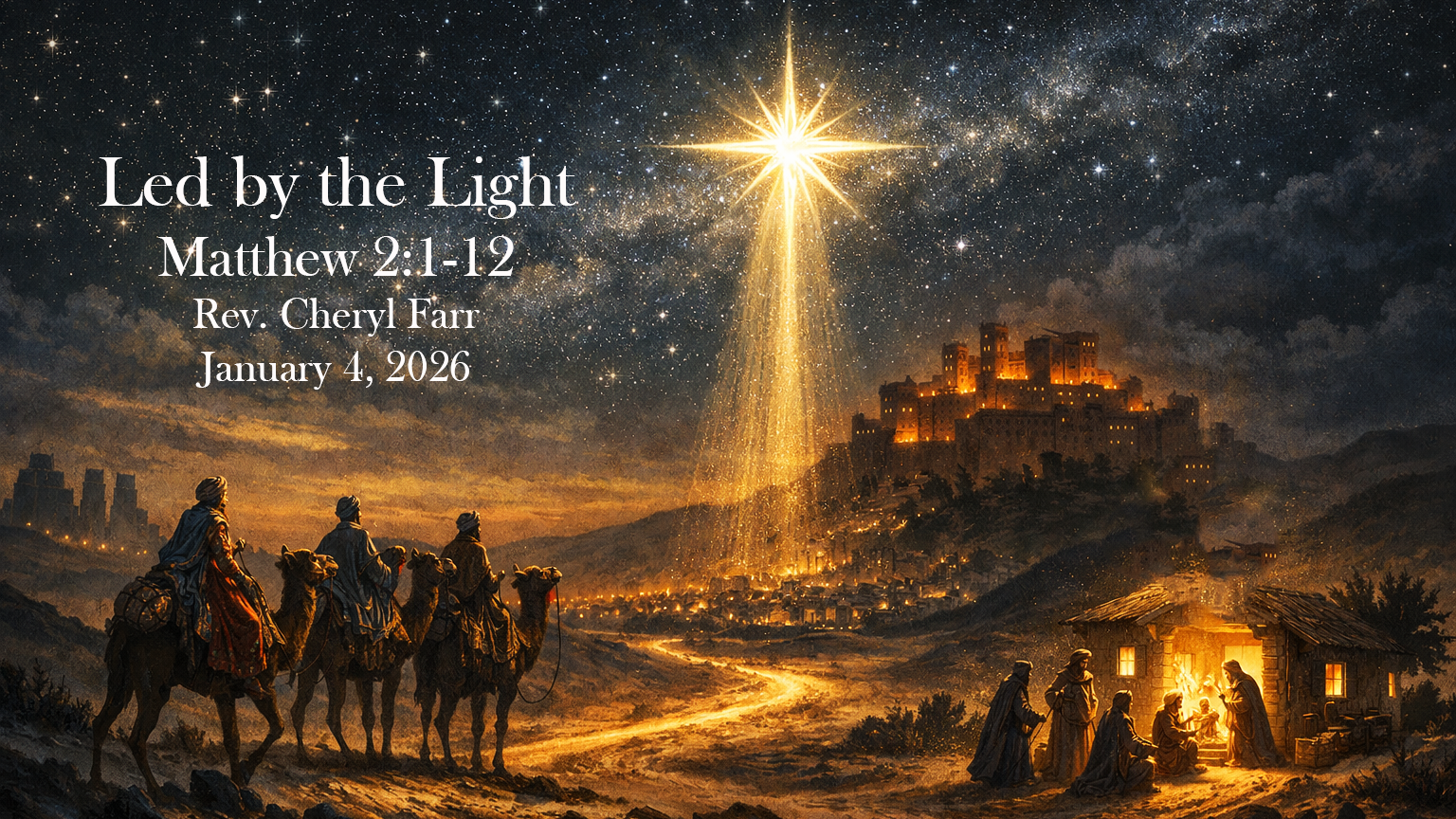 A wide landscape image shows a parent and a young child walking away from the viewer along the shoulder of a quiet paved road at dawn. The parent wears a jacket and backpack and carries a duffel bag in one hand while holding the child’s hand with the other. The child wears a coat and hat and walks close beside the adult. The sky is overcast with soft early-morning light near the horizon, and the road stretches forward into the distance. Sparse trees, utility poles, and faint lights appear along the roadside, suggesting an isolated or rural area. The figures are centered in the image, emphasizing movement and companionship. Overlaid text reads, “God With Us in the Hard Places, Matthew 2:13–23, Rev. Cheryl Farr, December 28, 2025.”