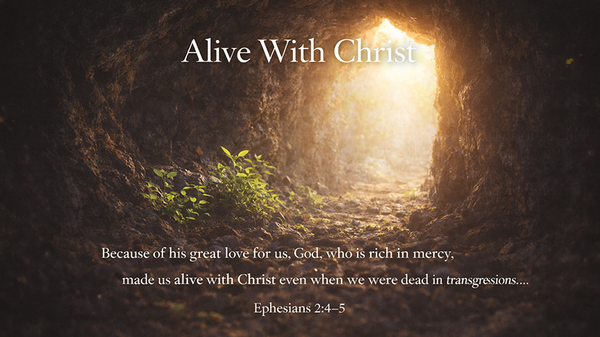 Alive With Christ — A wide 16:9 photo-realistic image of sunlight breaking through the entrance of a dark cave, illuminating green plants growing inside, symbolizing new life emerging from darkness. The image includes the title Alive With Christ and the full scripture text of Ephesians 2:4–5.