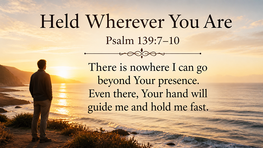 Held Wherever You Are, a wide 16:9 photo-realistic image of a person standing beside the ocean at dawn with soft light spreading across the water, symbolizing God’s presence in every place. The image includes the title Held Wherever You Are and a paraphrase of Psalm 139:7–10.