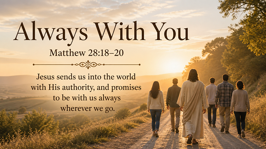 Always With You, a wide 16:9 photo-realistic image of a small group of people walking down a sunlit road together at dawn, symbolizing Christ’s presence with His people as they go into the world. The image includes the title Always With You and a paraphrase of Matthew 28:18–20.