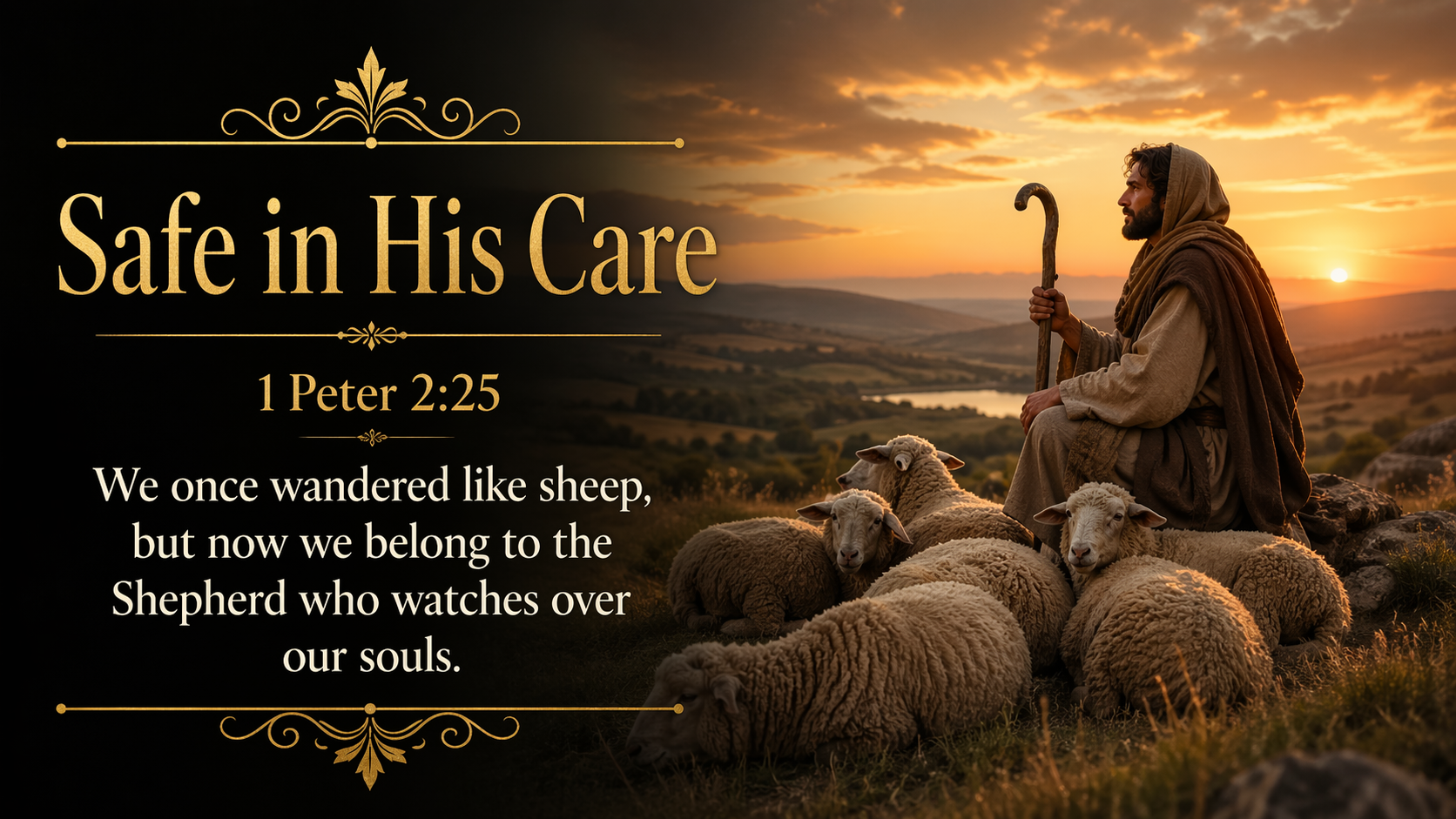 Safe in His Care, a wide 16:9 photo-realistic image of sheep gathered securely near a shepherd at dusk