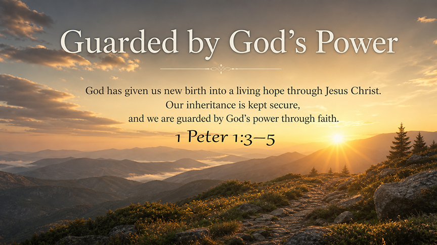 Guarded by God’s Power, a wide 16:9 photo-realistic image of sunrise over a quiet mountain ridge with warm light spilling across the landscape, symbolizing living hope and God’s faithful protection. The image includes the title Guarded by God’s Power and a paraphrase of 1 Peter 1:3–5.