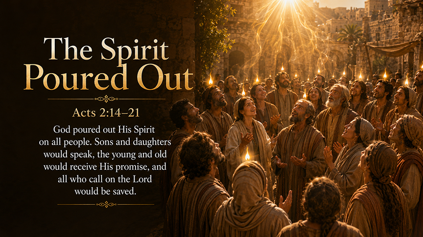 The Spirit Poured Out, a wide 16:9 photo-realistic image of men and women of different ages standing together beneath warm golden light, with subtle flame-like radiance above them and a sense of awe and calling, symbolizing Acts 2:14–21 and God’s Spirit poured out on all people. The image includes the title and a paraphrase of the text