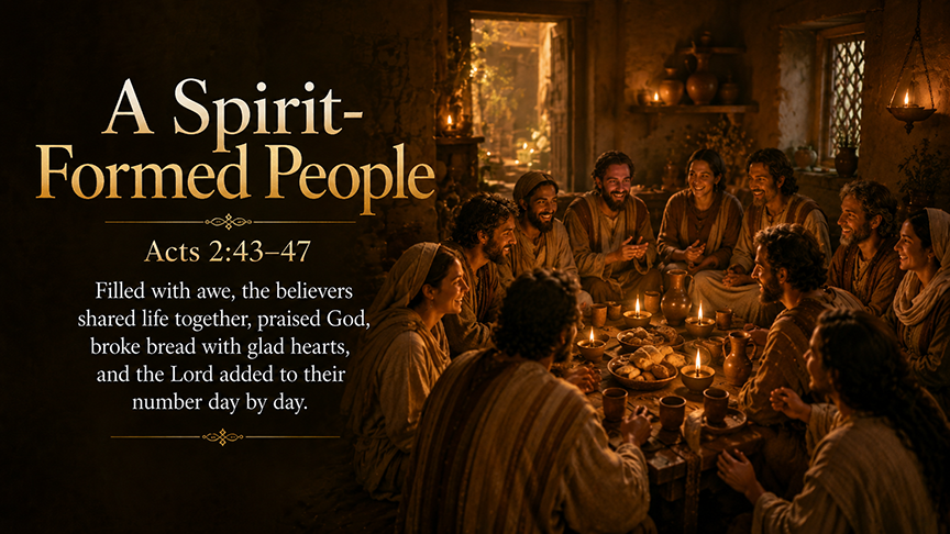 A Spirit-Formed People, a wide 16:9 photo-realistic image of a joyful group of believers sharing a meal in a warmly lit home, with bread on the table, open hands, sincere smiles, and soft golden light filling the room, symbolizing Acts 2:43–47 and a community shaped by worship, generosity, and grace. The image includes the title and a paraphrase of the text