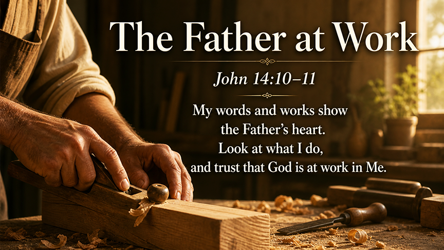 The Father at Work, a wide 16:9 photo-realistic image of a carpenter’s hands gently shaping wood in warm morning light, symbolizing the steady and gracious work of God. 