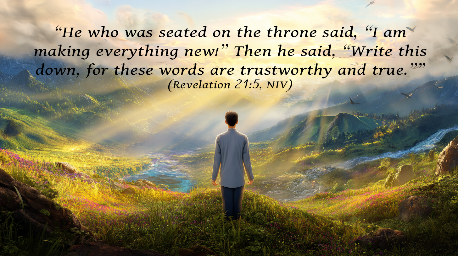 Sunrise over the ocean symbolizing God’s promise to make all things new, reflecting hope and renewal through faith.