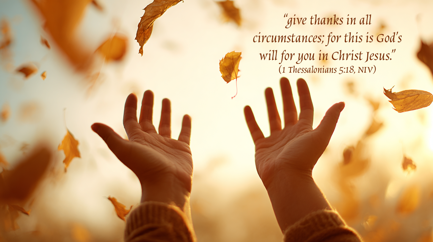 wide 16:9 photo of hands lifted toward a golden autumn sky, leaves falling gently