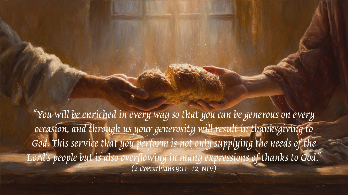 Hands passing bread across a warmly lit table, symbolizing gratitude overflowing into generosity and shared blessing and the overflow of giving.