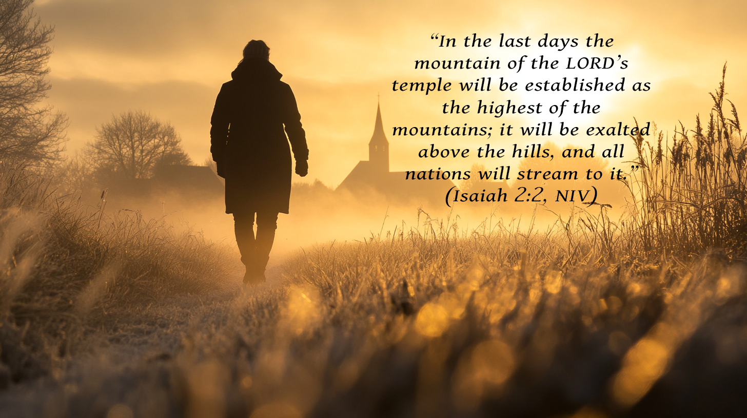 A person walks up a frost-covered hill at sunrise, bathed in golden light that symbolizes Advent peace. Soft winter mist surrounds a distant church steeple as warm sunlight breaks through the horizon, representing hope and the call to walk in the light of God.