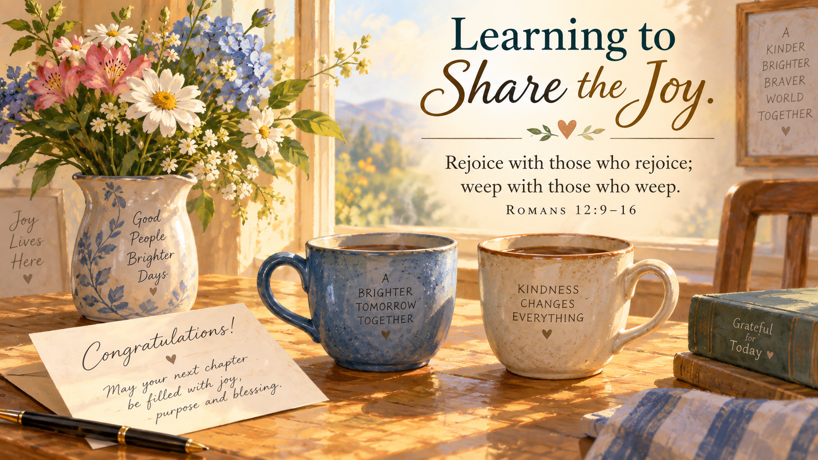 Wide 16:9 painterly still life of two cups on a sunlit table, with a handwritten congratulations card and a small vase of flowers. Visible title: &ldquo;Learning to Share the Joy.&rdquo; Visible Scripture paraphrase: &ldquo;Rejoice with those who rejoice; weep with those who weep.&rdquo; Include &ldquo;Romans 12:9&ndash;16.&rdquo;
