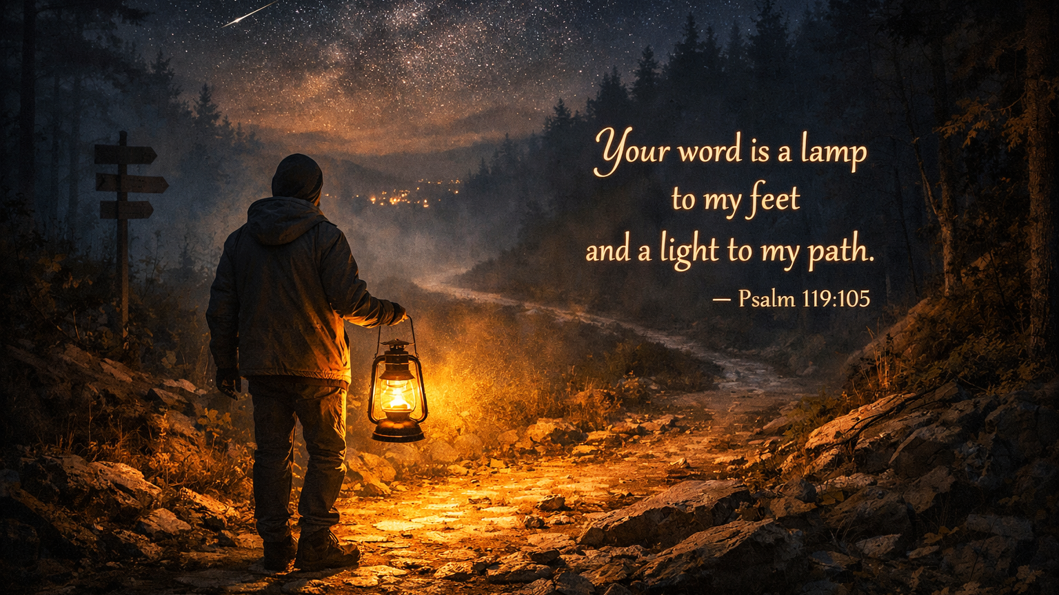 Psalm 119:105 – Led Not Lost Wide illustration of a solitary figure walking a winding path at night, holding a lantern that softly illuminates only the ground ahead, symbolizing God’s guidance one step at a time.