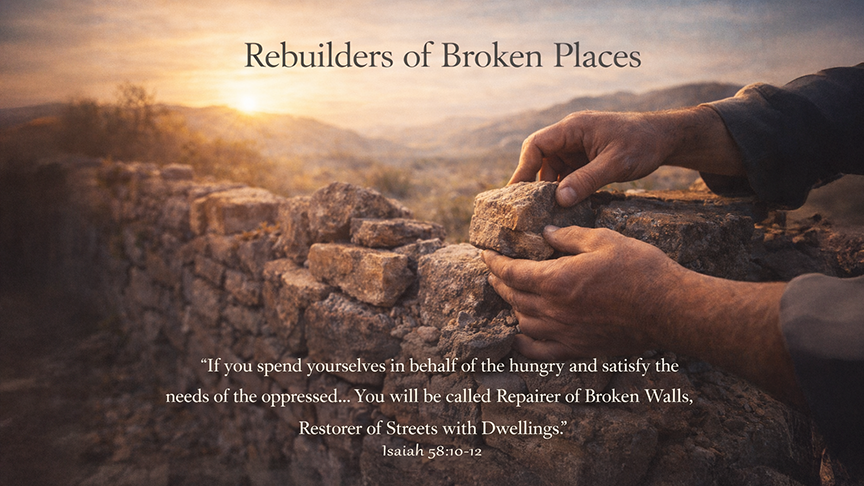 Rebuilders of Broken Places — A wide 16:9 photo-realistic image of hands repairing an old stone wall at sunrise, symbolizing restoration and compassionate action. The image includes the title Rebuilders of Broken Places and the full scripture text of Isaiah 58:10–12, connecting mercy with the Lenten journey.