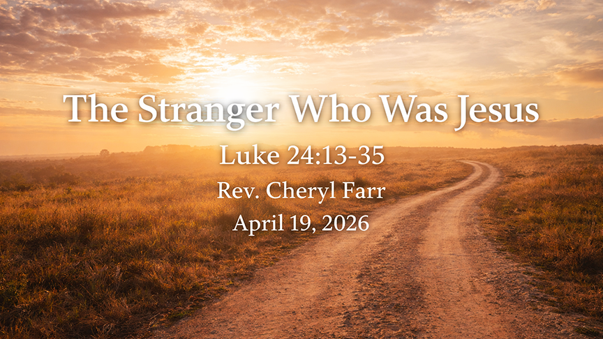 The Stranger Who Was Jesus title slide showing a winding dirt road at sunrise, glowing with warm light, symbolizing Christ walking with the disciples on the road to Emmaus.