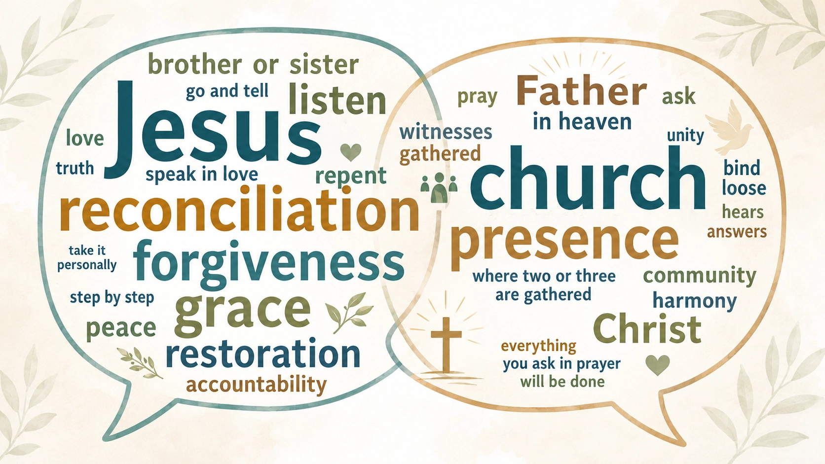 Matthew 18:15&ndash;20 Bible study image illustrating an honest conversation about conflict and reconciliation, reflecting Jesus&rsquo; teaching on grace, accountability, forgiveness, and His presence.