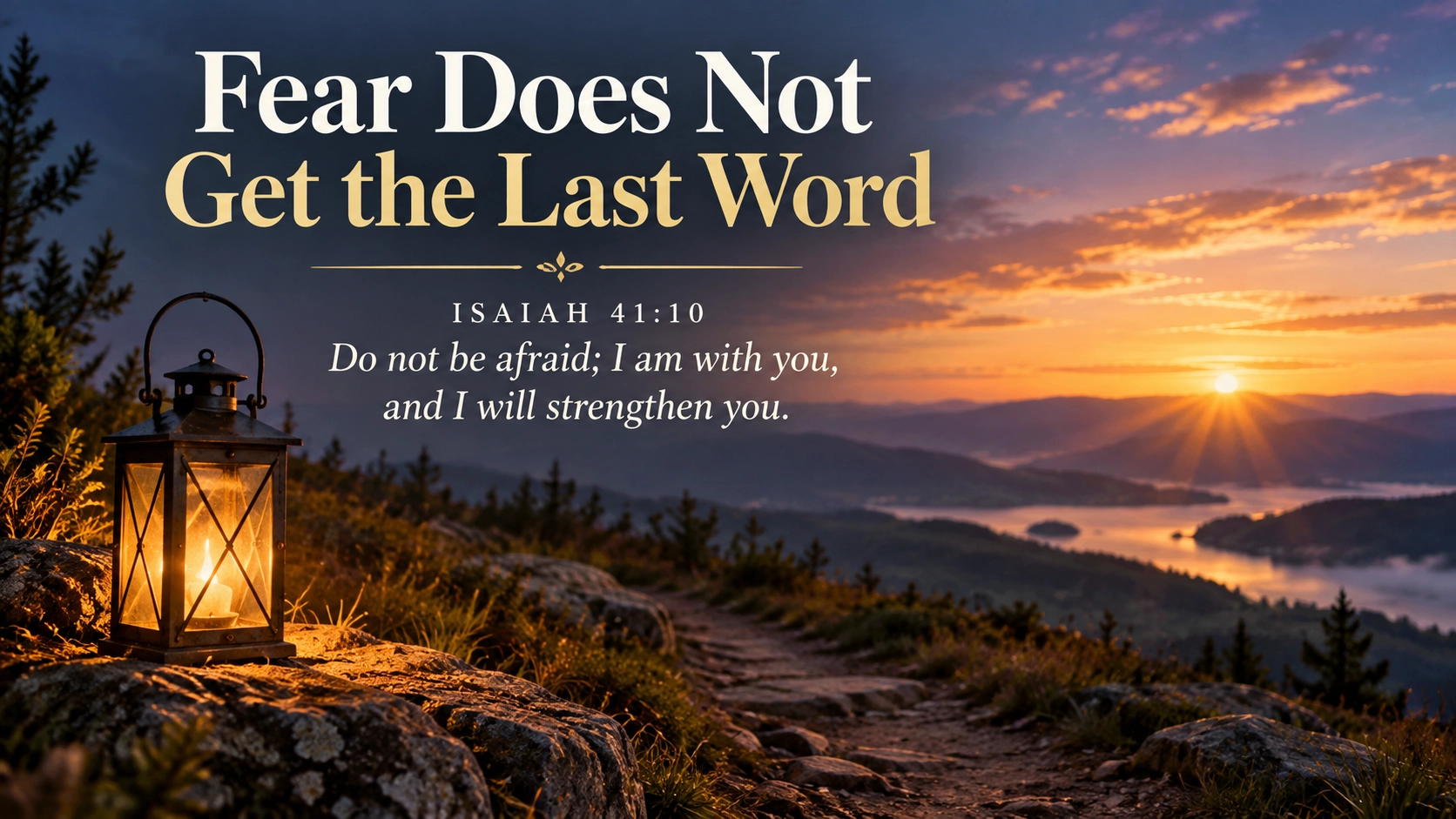 A glowing lantern beside a dark path with dawn approaching, illustrating Isaiah 41:10 and the promise of God&rsquo;s presence in fear.